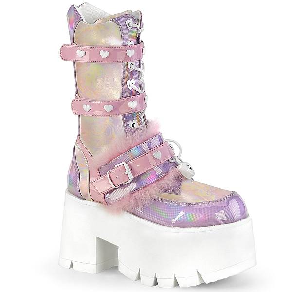 Demonia Women's Ashes-120 Knee High Platform Boots - Baby Pink/Lavender Holographic Patent D0764-91US Clearance